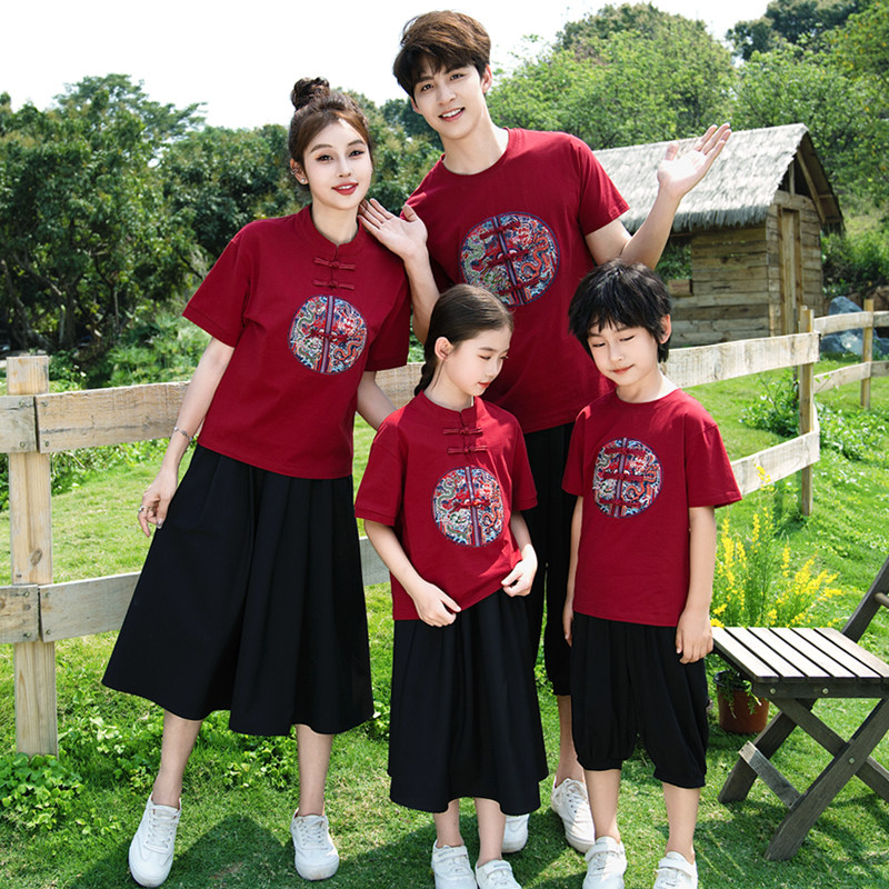 汉服亲子装母子2026新款夏红色母女一家三口四口新中式国风家庭装