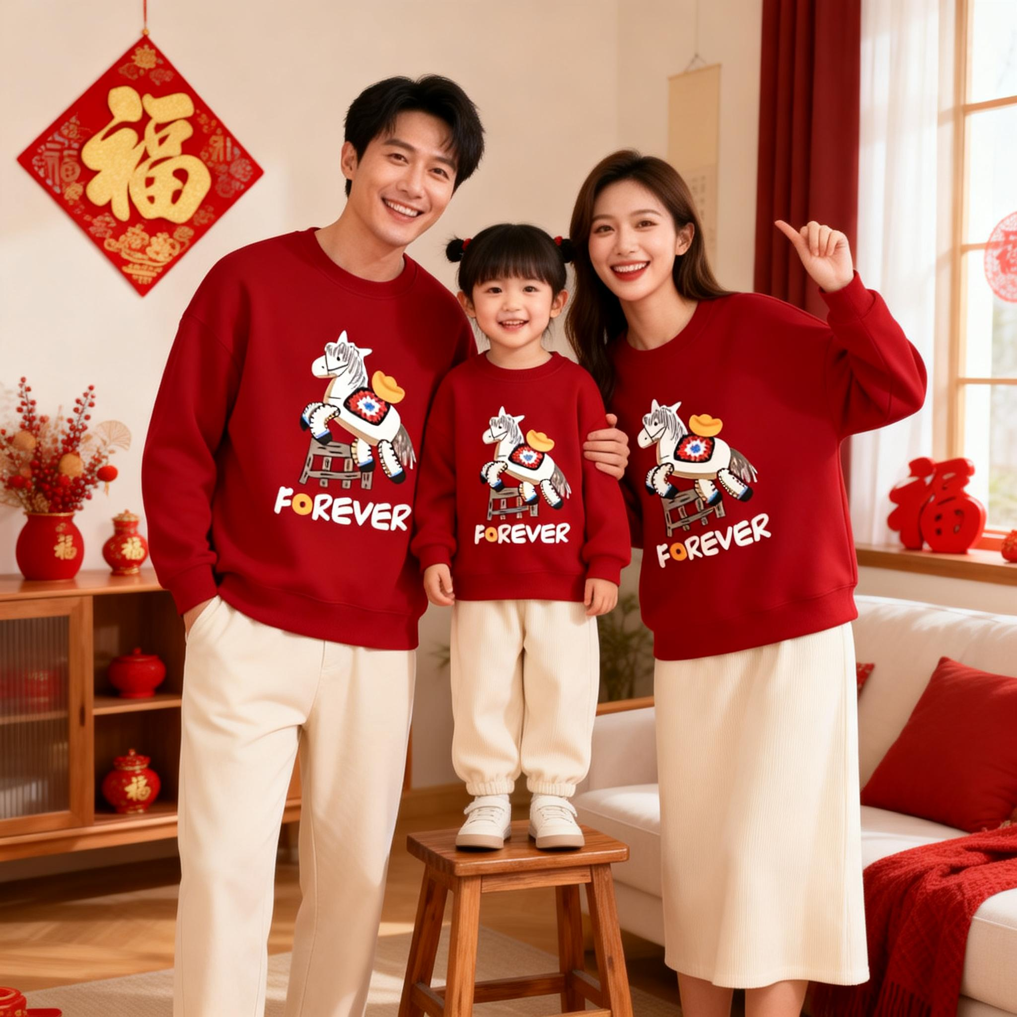 2026马年亲子装红色卫衣一家三口四口冬装母女母子过年拜年全家福