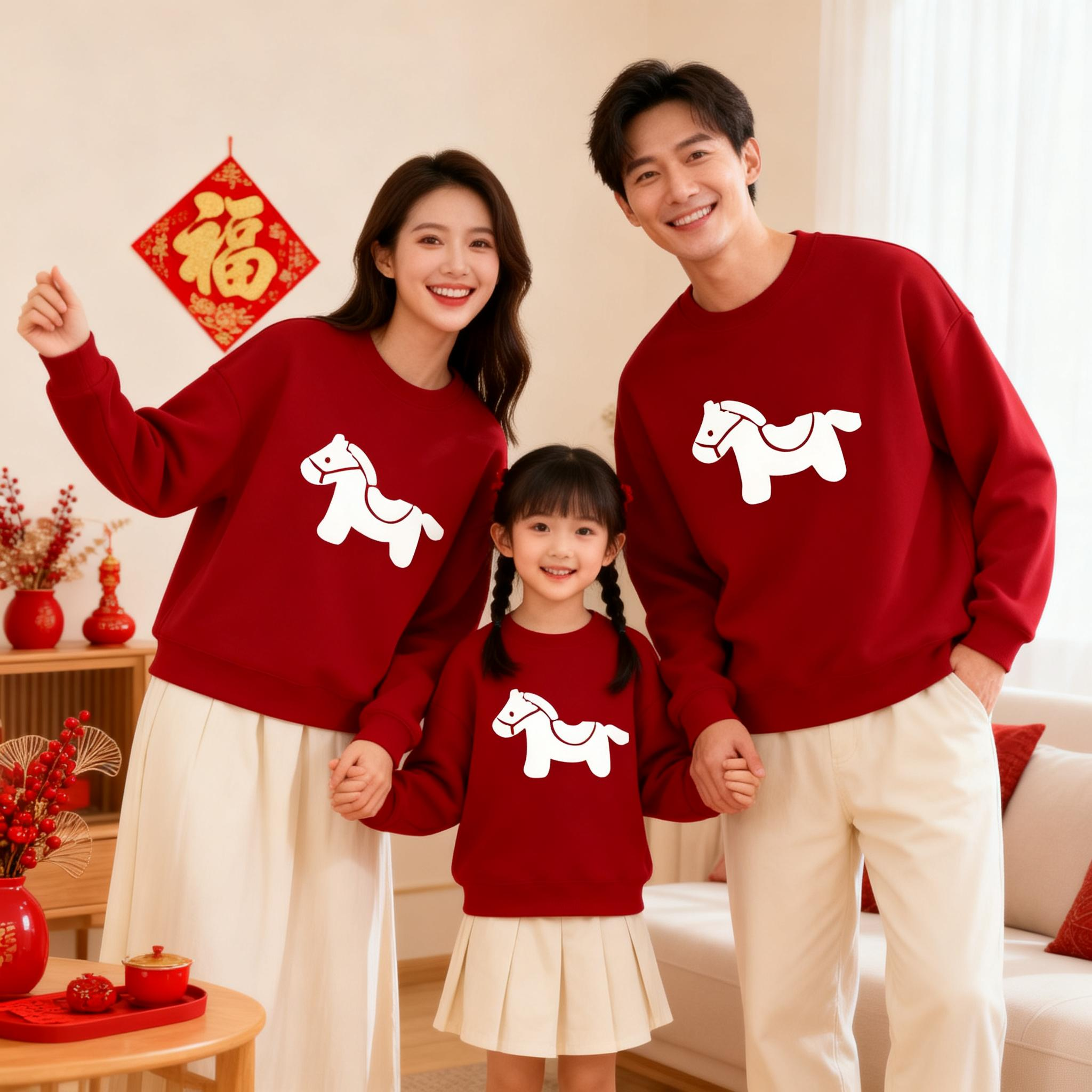 马年新年亲子装红色加绒卫衣冬装一家三口过年全家福母子母女装