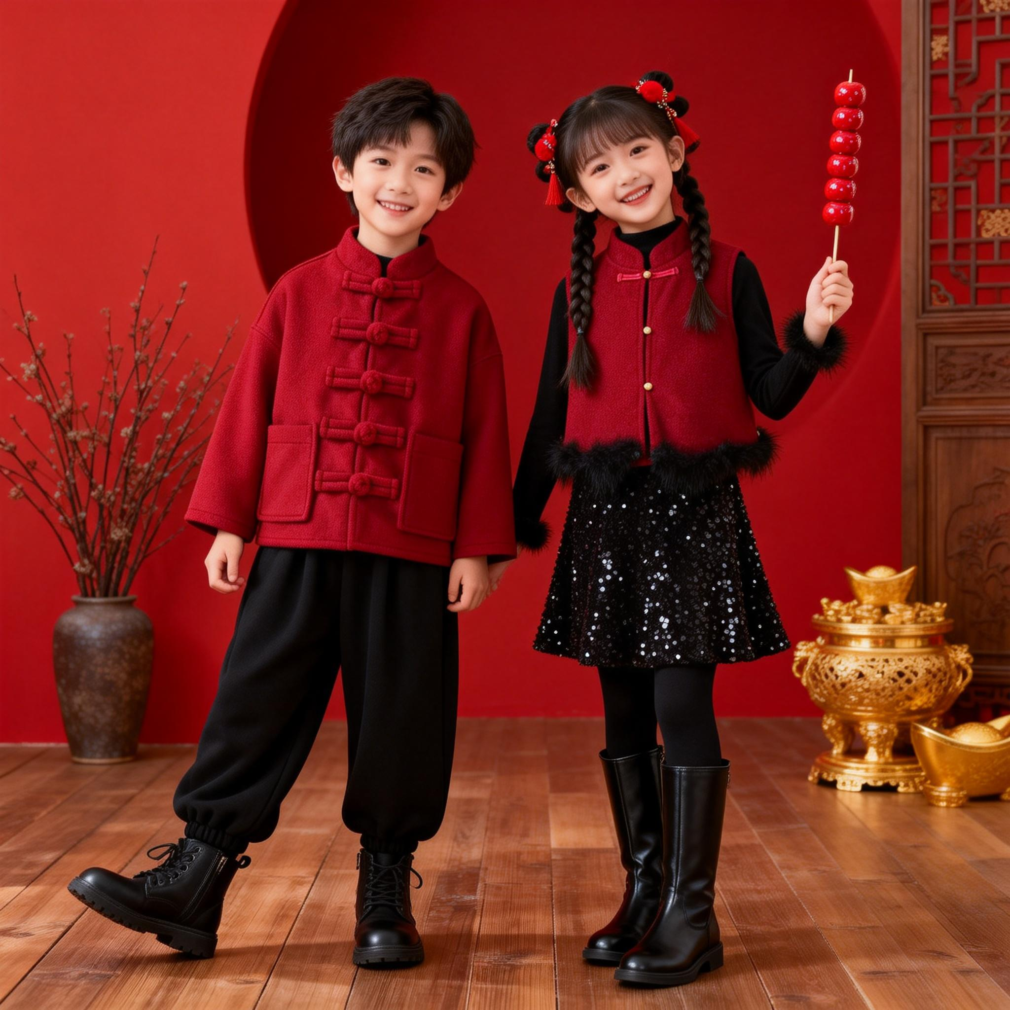 新中式拜年服儿童汉服男女童兄妹装唐装红色演出服加绒国风套装冬,童装/婴儿装/亲子装,汉服,淘宝优惠券,粉丝福利购,淘宝优惠卷