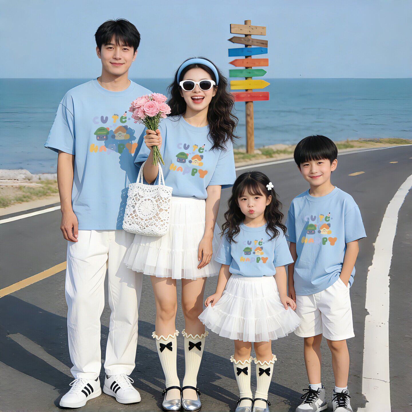海边亲子装t恤一家三口四口三亚度假短袖小清新洋气母子母女装潮