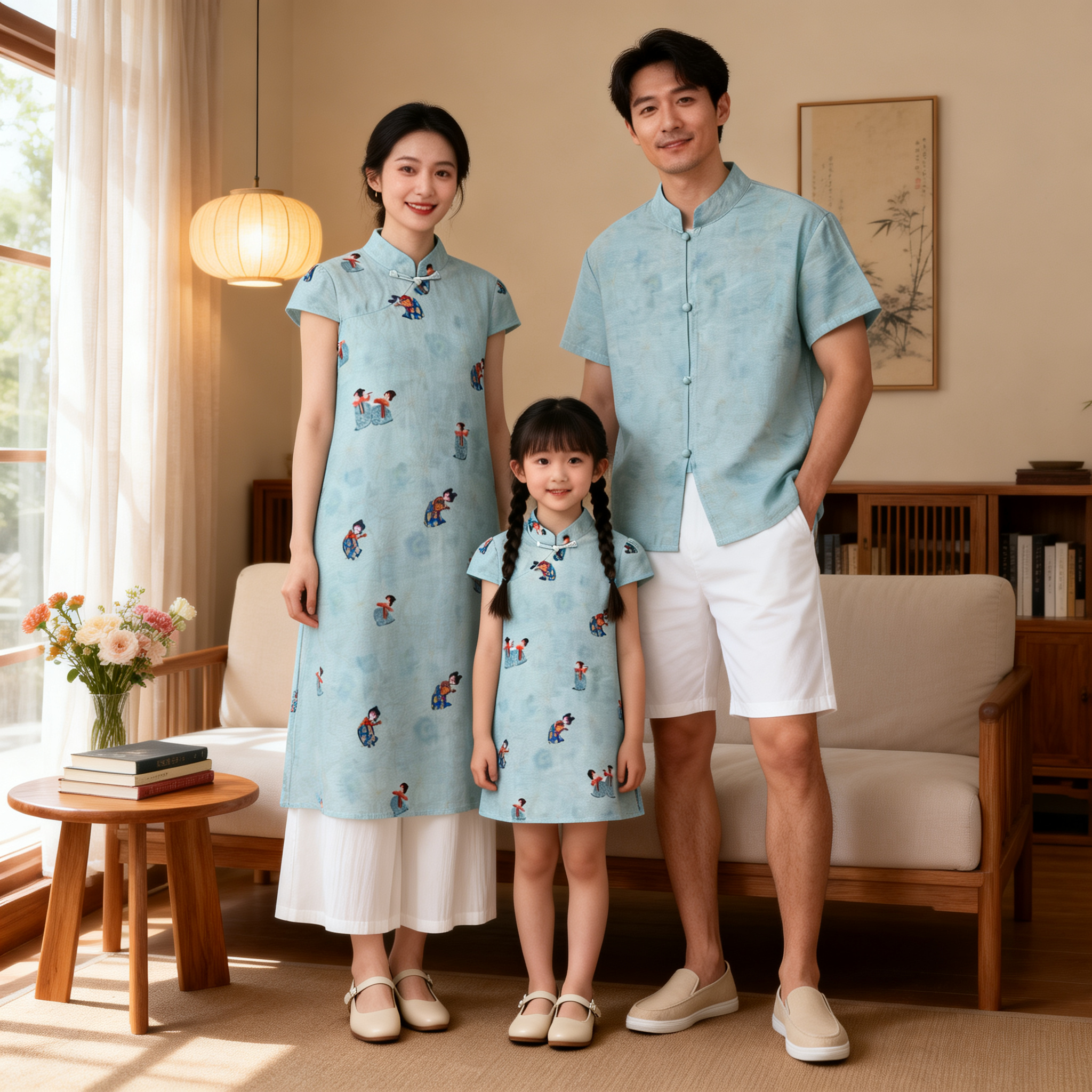 新中式国风母女款高端亲子装一家三口母子汉服旗袍夏幼儿园表演服