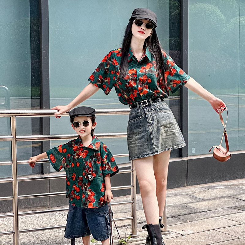 网红港风衬衣亲子装2026夏季新款8090怀旧复古衬衫母女母子沙滩装