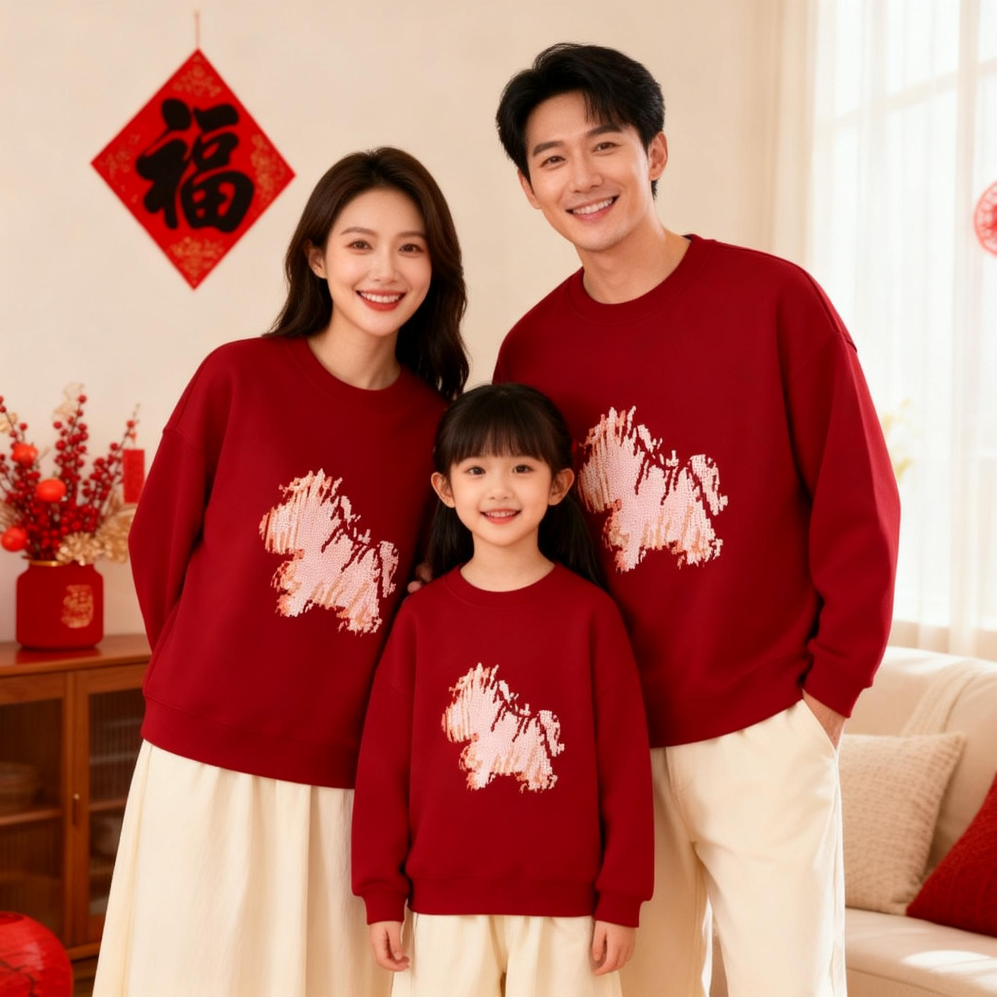 马年新年亲子装加绒卫衣冬装一家三口过年拜年服全家福母子母女装