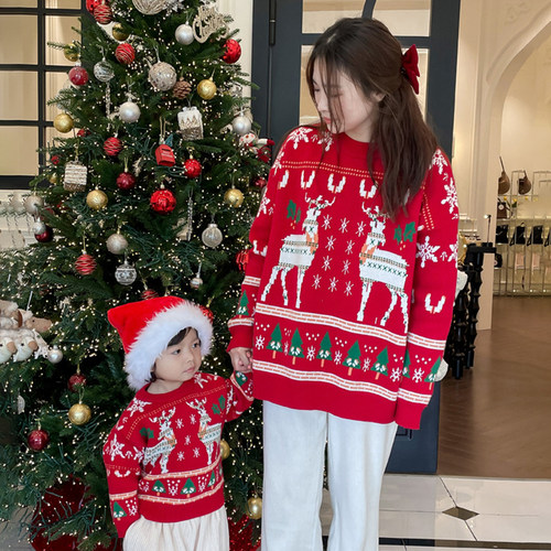 圣诞亲子装冬装红色毛衣一家三口