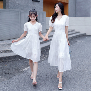 连衣裙女童2024新款 长款 母女装 217夏装 亲子装 白色V领时尚 韩版 新款