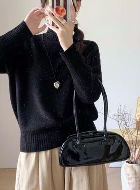 欧洲站2025秋冬淑女风高领钉珠毛衣女秋冬宽松百搭针织衫黑色上衣