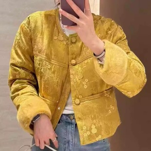 欧洲站25冬季新中式风刺绣短款羽绒服女圆领金黄色加厚面包服外套