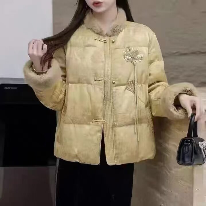欧洲站水貂毛中式风立领短款羽绒服女白鸭绒保暖刺绣外套洋气时尚