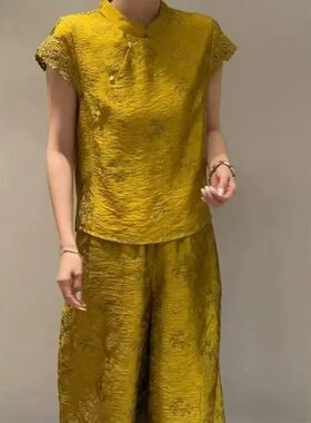 欧洲站2026春季新款套头中式立领短袖上衣女夏宽松黄色盘扣唐装衫