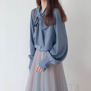 柯德莉蓝。婉约复古文艺蝴蝶结系带慵懒纯色女春新上衣衬衫雪纺衫
