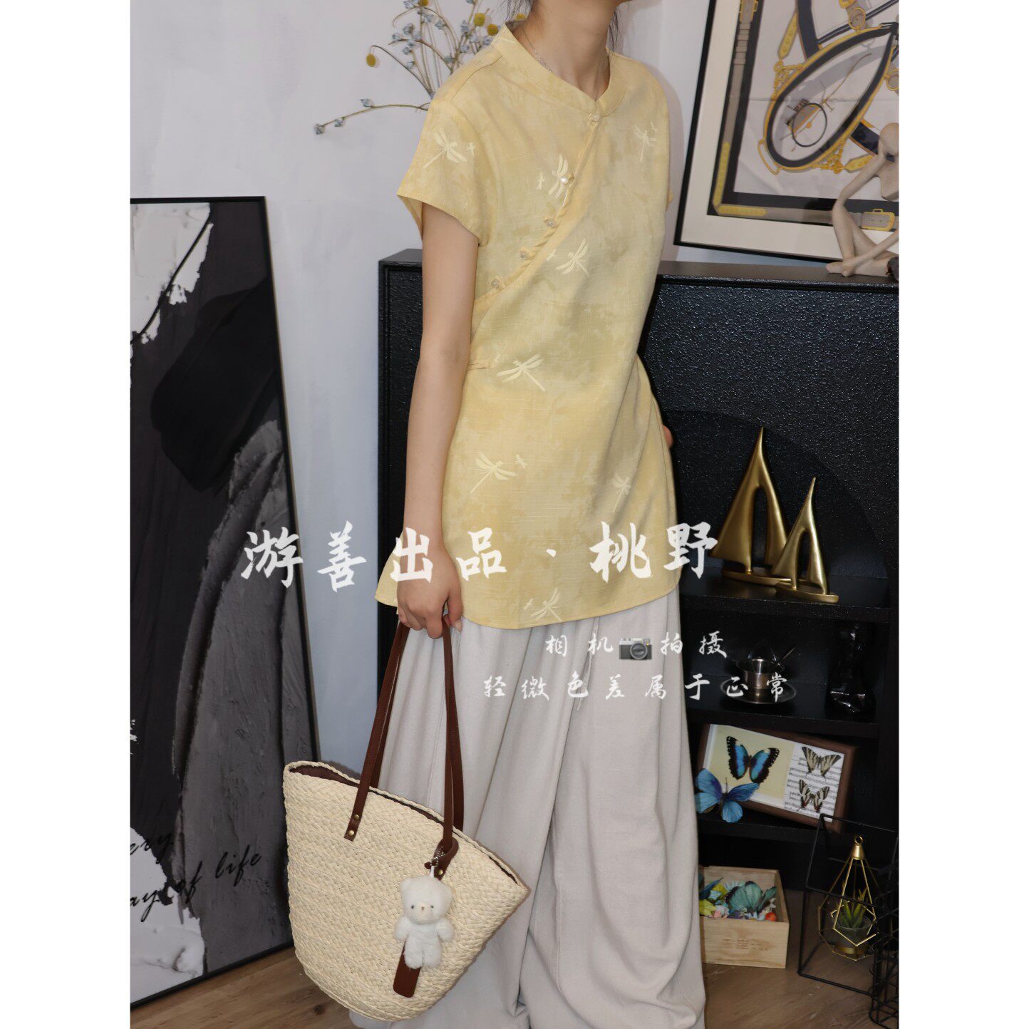 26年新款女夏季亚麻黄蜻蜓休闲慵懒扎染植绒提花旗袍裙
