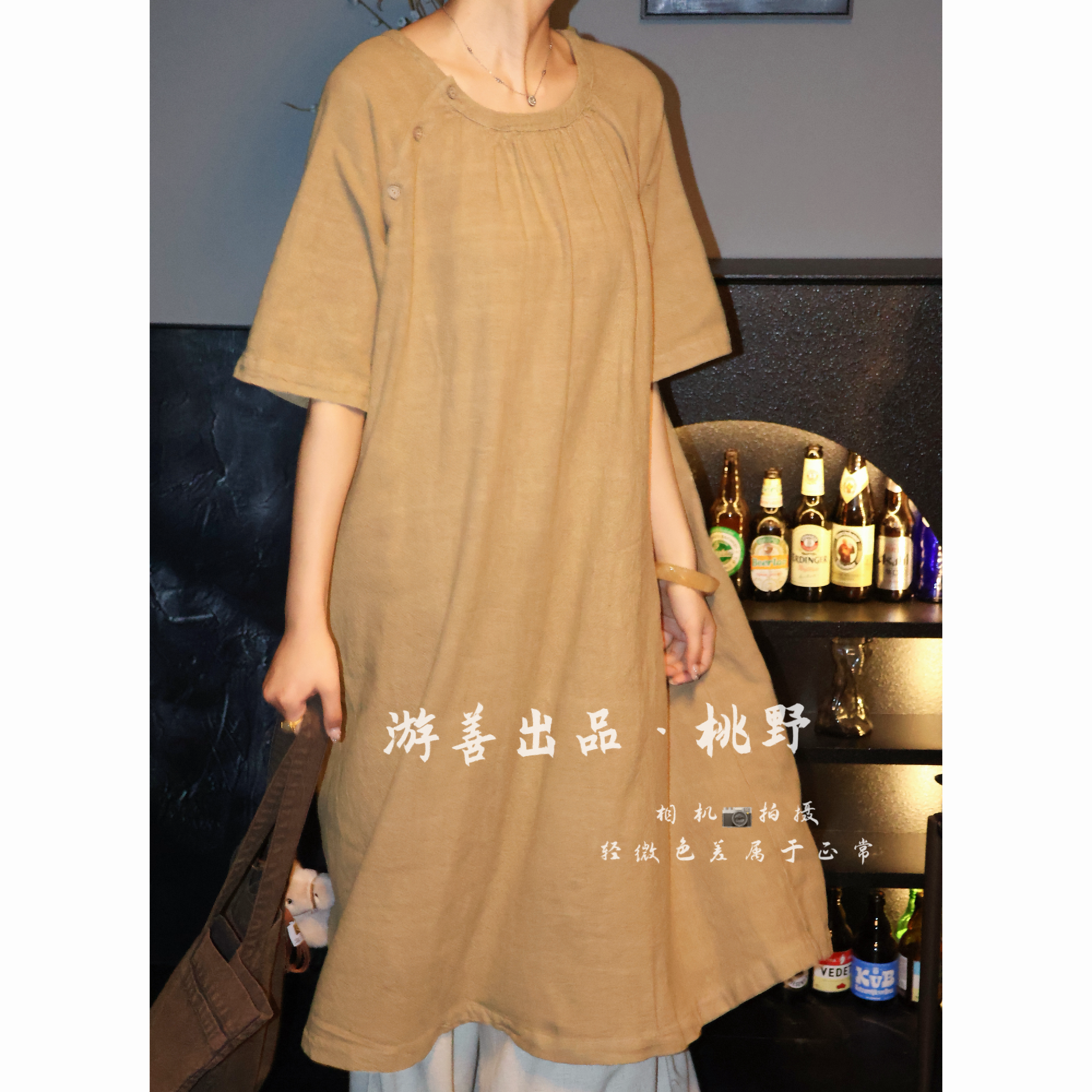 26年春夏亚麻连衣裙诧寂风脏染炒色套头连衣裙斜门禁