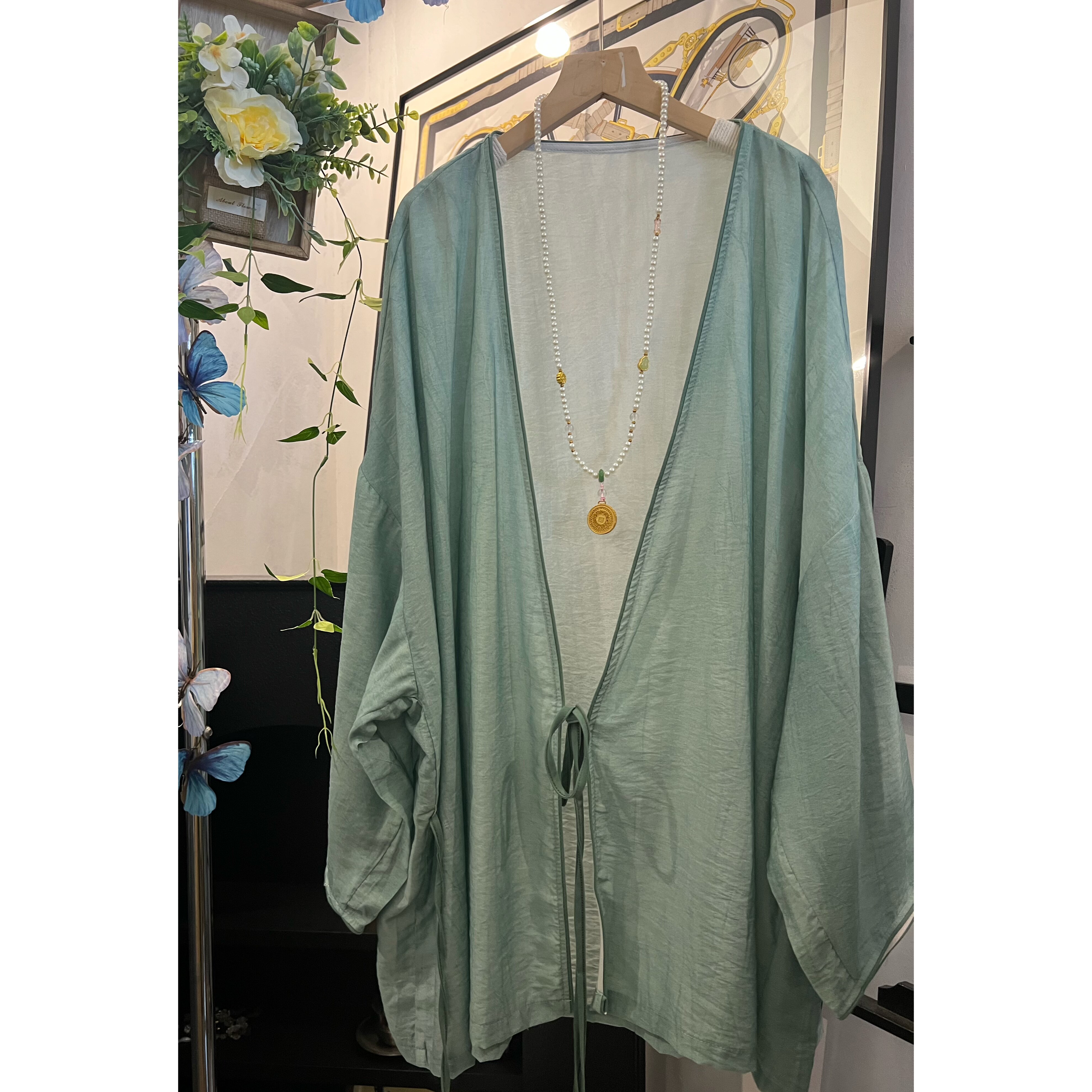 【游善出品】 慵懒丝麻开衫夏季薄款系带宽松空调外套 长80胸160