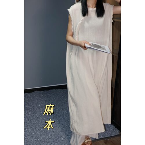 26年夏季新款背心裙原创磨毛做旧亚麻无袖连衣裙sx胸围142衣长128