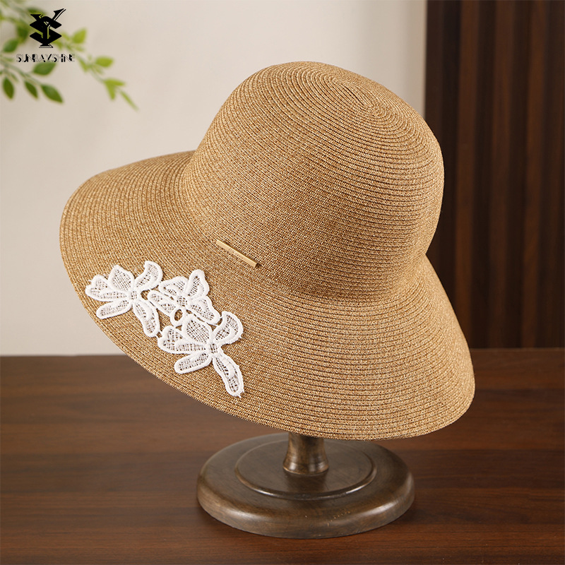 SY日本ca4蕾丝花朵渔夫帽子女夏季防晒草帽海边度假沙滩帽潮盆帽
