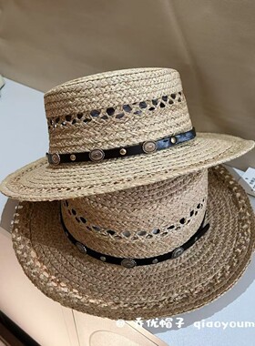 时尚英伦风爵士皮带镂空草帽夏季简约百搭防晒遮阳帽拉菲草平顶帽