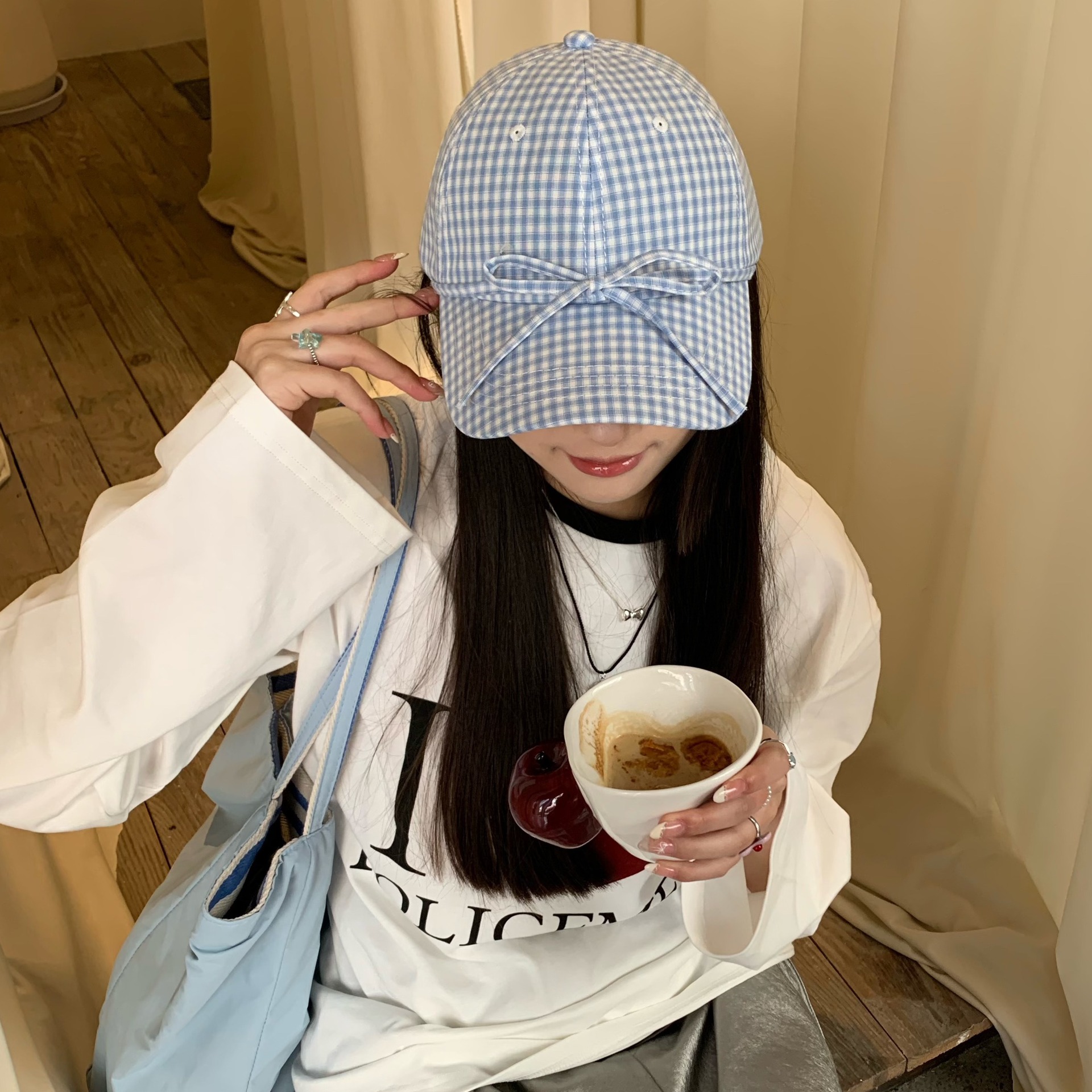 奶莓软糖~陈奶奶韩系格子蝴蝶结棒球帽子女春夏百搭显脸小鸭舌帽