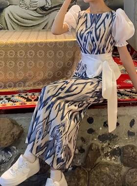 新疆旅游必穿维吾尔族服饰艾特莱斯民族风复古连衣裙 亚麻面料