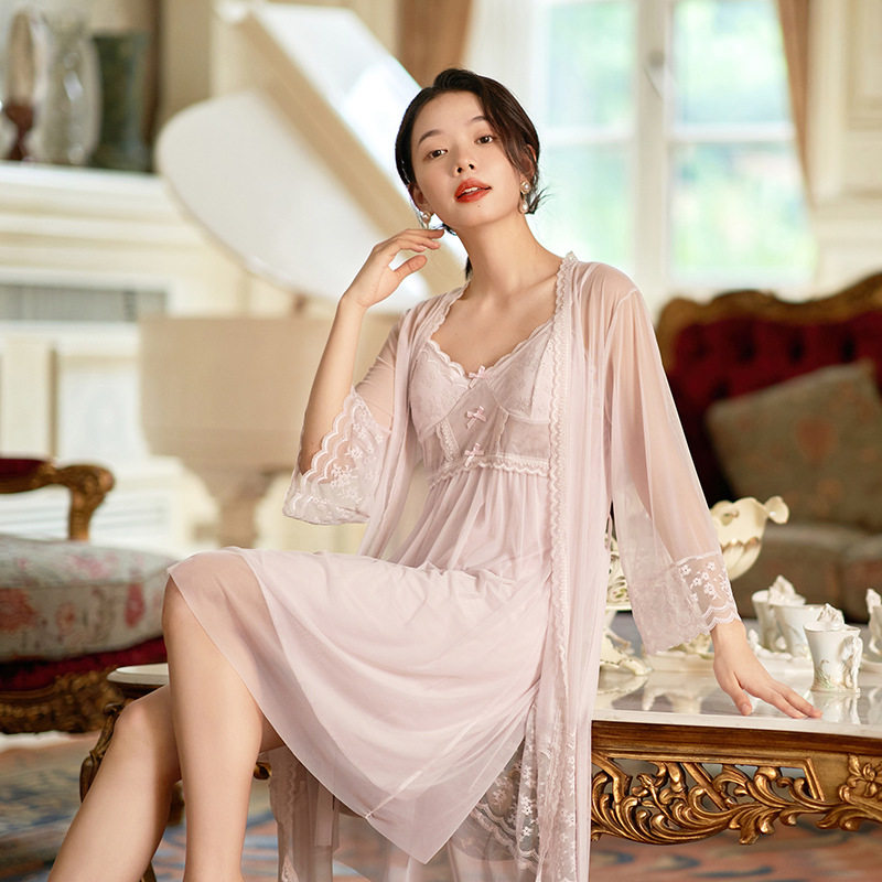 春夏纯欲网纱睡裙花边蕾丝长袖两件套仙女风宫廷可外穿时尚家居服