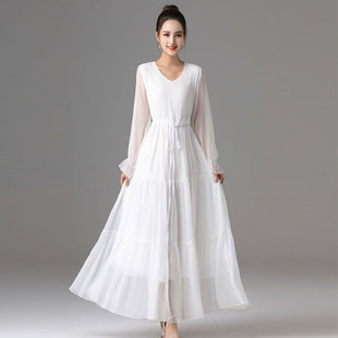 2023雪纺连衣裙长袖夏季欧美外贸裙子亚马逊女装海边度假沙滩裙女