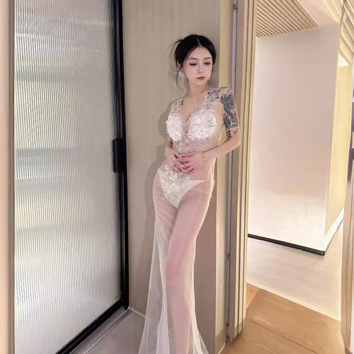 夜店爆款性感透视长裙刺绣珍珠包臀礼服夜场工装桑拿技师服