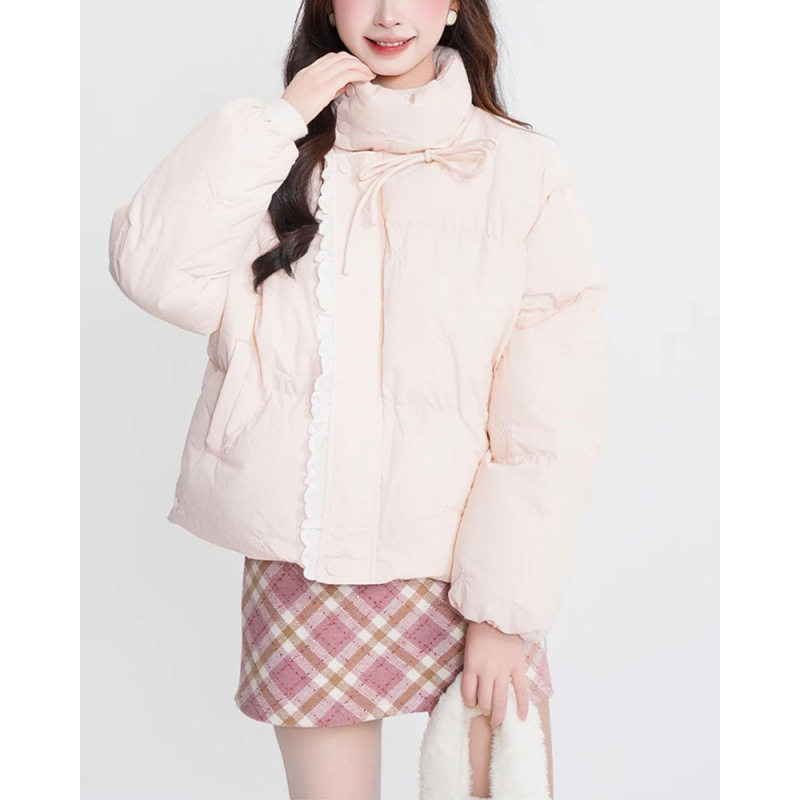韩版甜美粉色蝴蝶结立领棉服外套女新款小个子加厚面包服棉衣