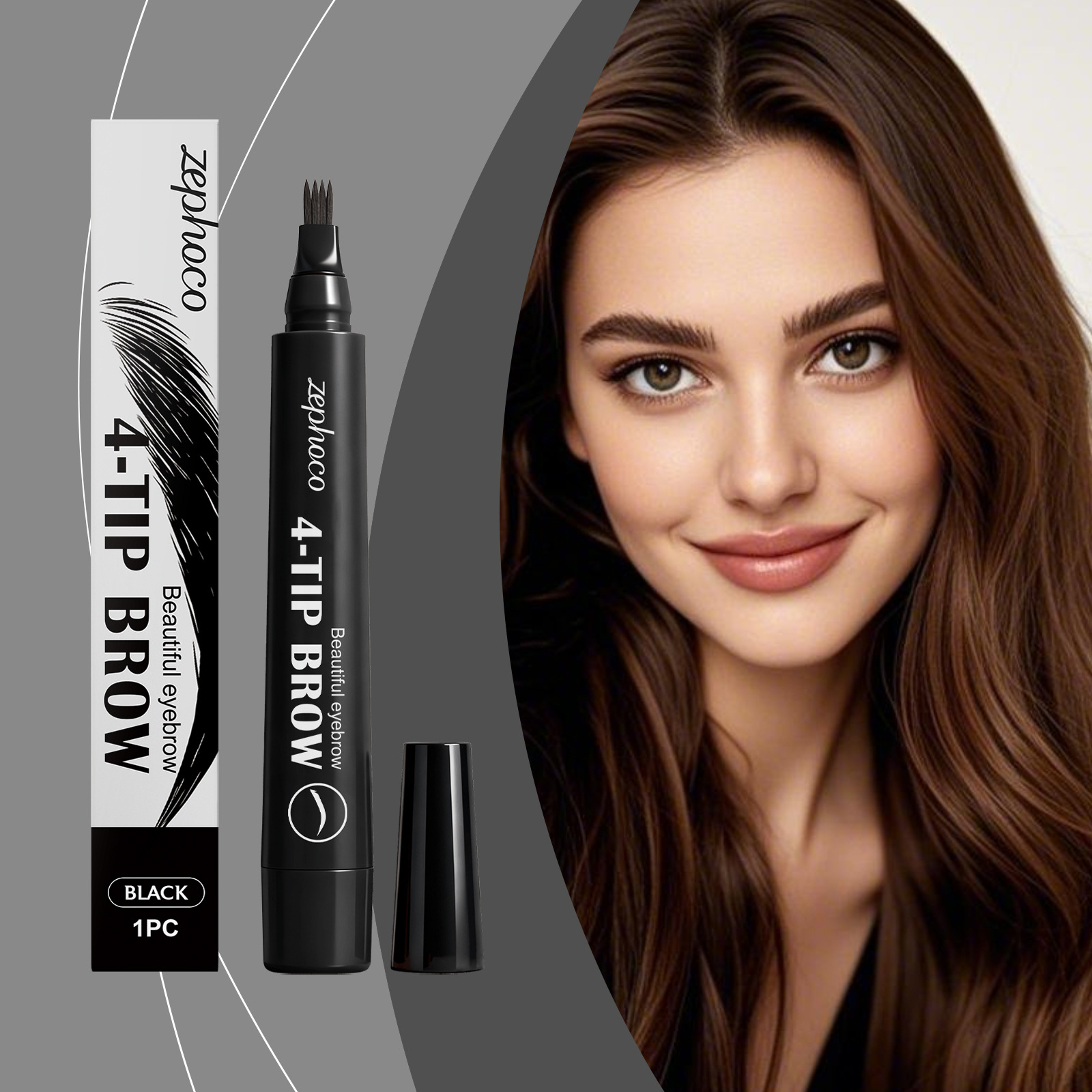 zephoco 黑色四叉眉笔 自然显色丝滑日常上妆眉型立体便携修眉笔