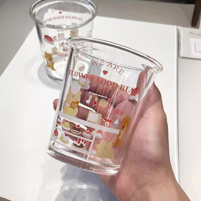 卡通小熊漂亮玻璃杯子简约翻口杯网红ins风女生高颜值水杯咖啡杯