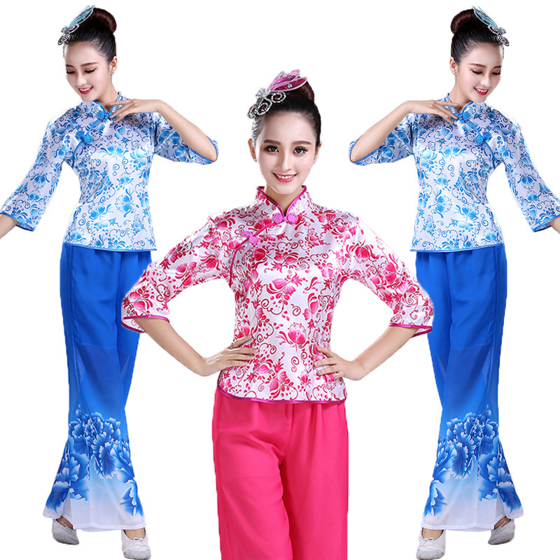 青花瓷新款秧歌服女套装中老年民族扇子舞蹈演出服腰鼓广场舞服装