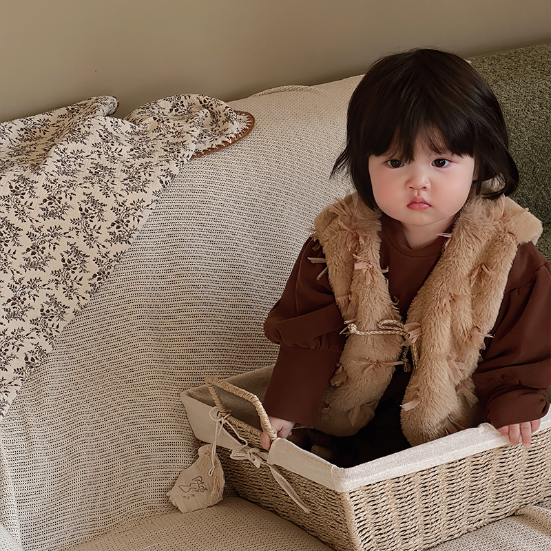 丸纸momoko2023加绒女宝韩版纯棉毛绒马甲连体衣两件套仓库直发