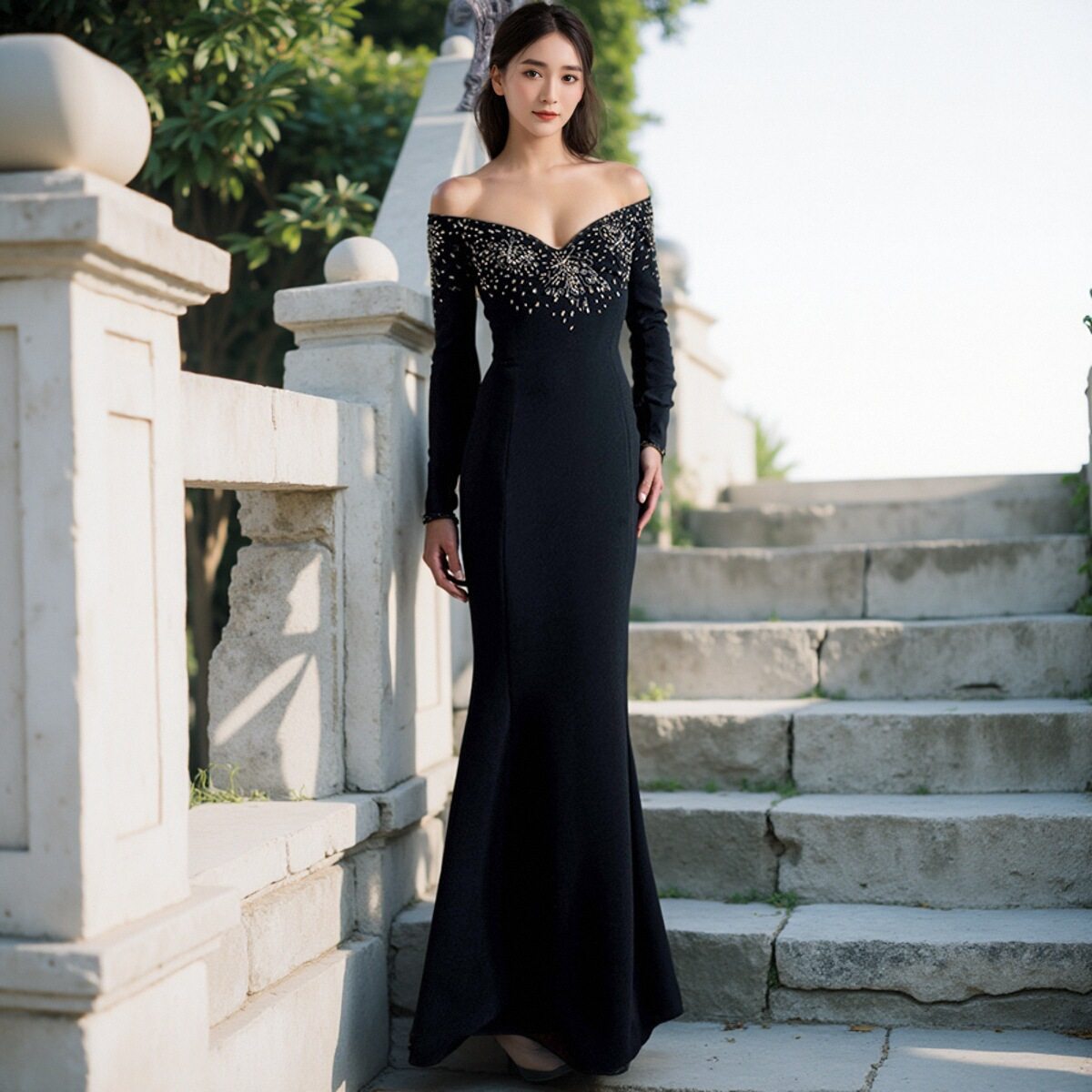欧美性感晚礼服2025春夏新款重工钉珠镶钻露肩显瘦鱼尾长裙连衣裙