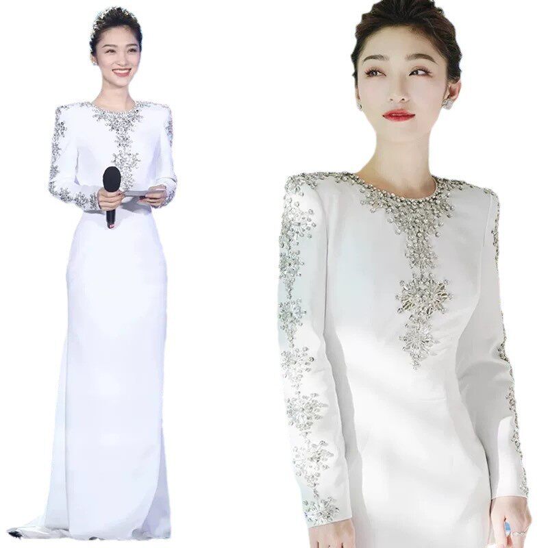 品质现货主持人晚礼服2026明星系列重工钉珠镶钻前开叉小拖尾长裙