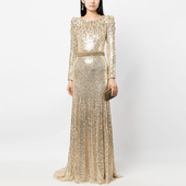 2025名媛气质欧美明星重工钉珠镶钻金色亮片长款 晚礼服长裙连衣裙