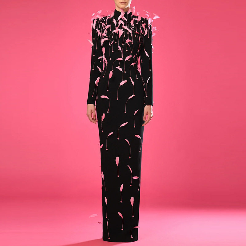 高端时尚羽毛钉珠露背晚礼服长裙