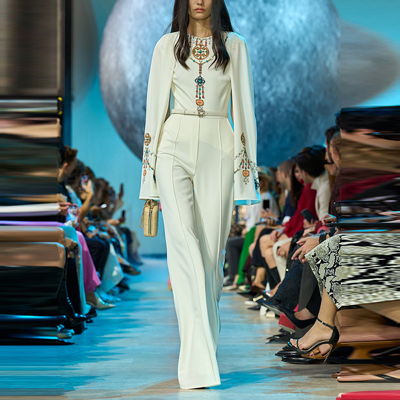 2025春夏新款欧美气质时尚喇叭蝙蝠袖重工镶钻钉珠高腰雪纺连体裤