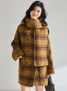 25冬季绝美格纹羊毛羊驼双面呢围巾大衣宽松百搭毛呢外套25638