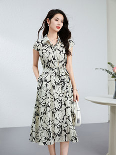 真丝连衣裙女年轻款夏季时尚宽松透气高端桑蚕丝碎花中长款衬衫裙
