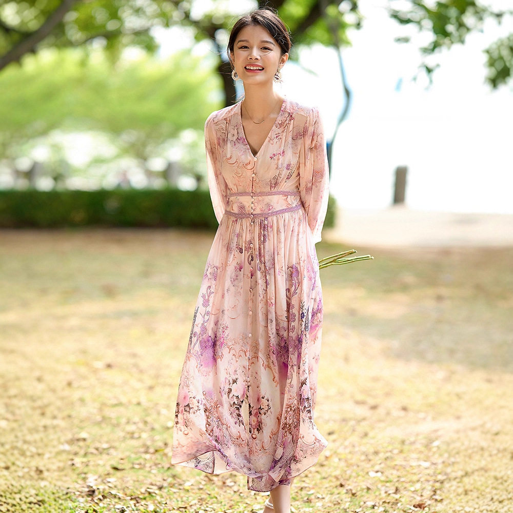 篙定真丝印花收腰显瘦连衣裙长裙26春装新品优雅高腰桑蚕丝长裙子