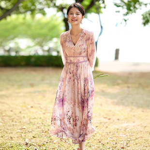 篙定真丝印花收腰显瘦连衣裙长裙26春装新品优雅高腰桑蚕丝长裙子