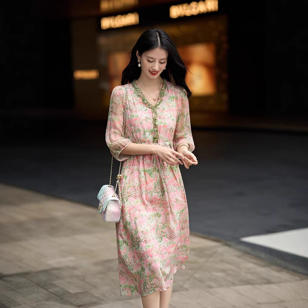 90474 真丝印花连衣裙夏女装 木耳花边V领减龄花卉印花桑蚕丝裙子