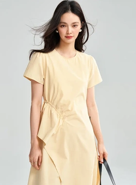 25夏季新款黄色法式不规则抽绳设计收腰a字显瘦气质连衣裙女18288