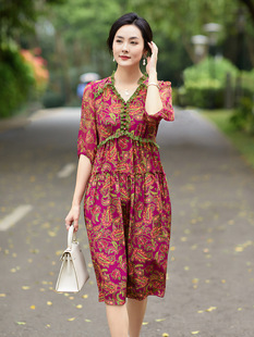 90337 真丝连衣裙2024夏季新品女装拼接花边桑蚕丝连衣裙