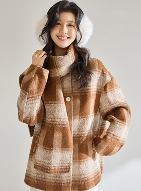 25秋冬新款围巾羊毛双面呢复古大衣慵懒高级感格纹短款外套29041