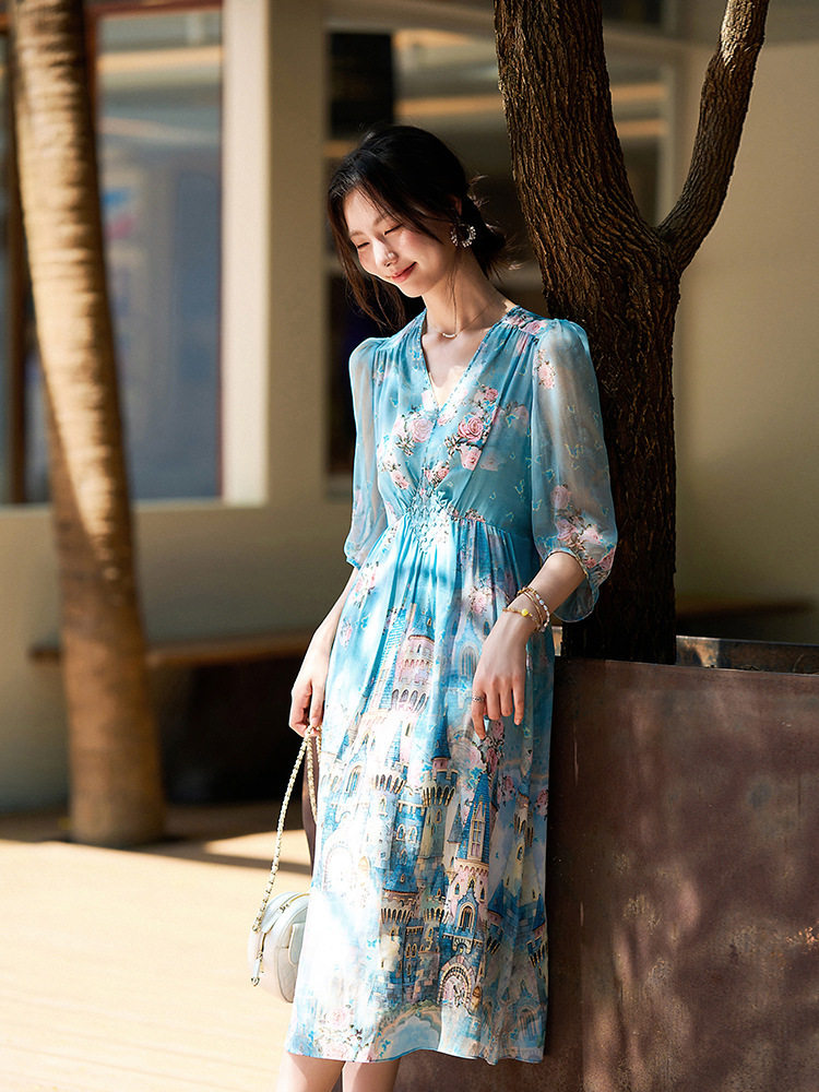 夏季新品女装2025定位印花真丝中长款连衣裙七分袖80027