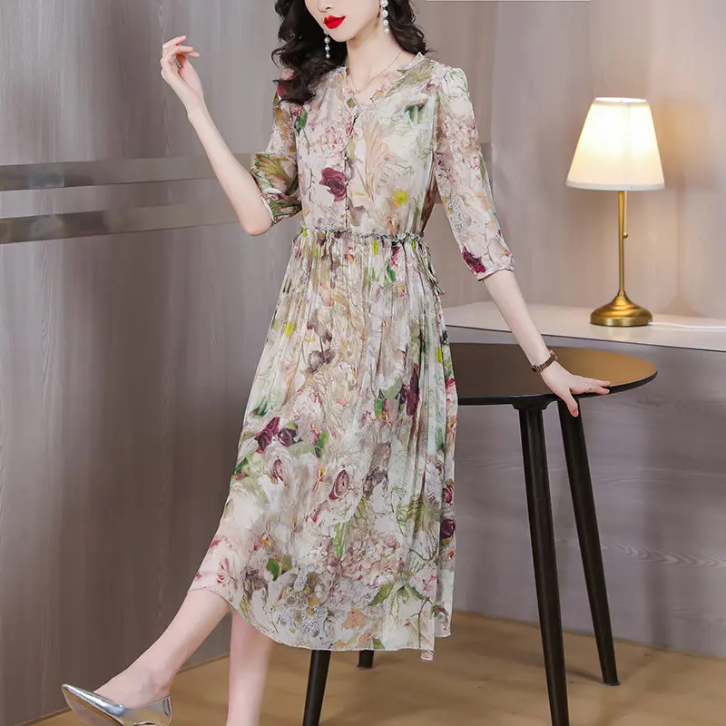 品牌真丝连衣裙女夏2025年新款妈妈气质修身显瘦桑蚕丝裙子