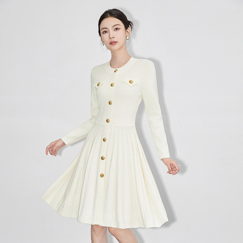 2430501-小香名媛针织连衣裙小个子修身显瘦打底百搭短款百褶裙女