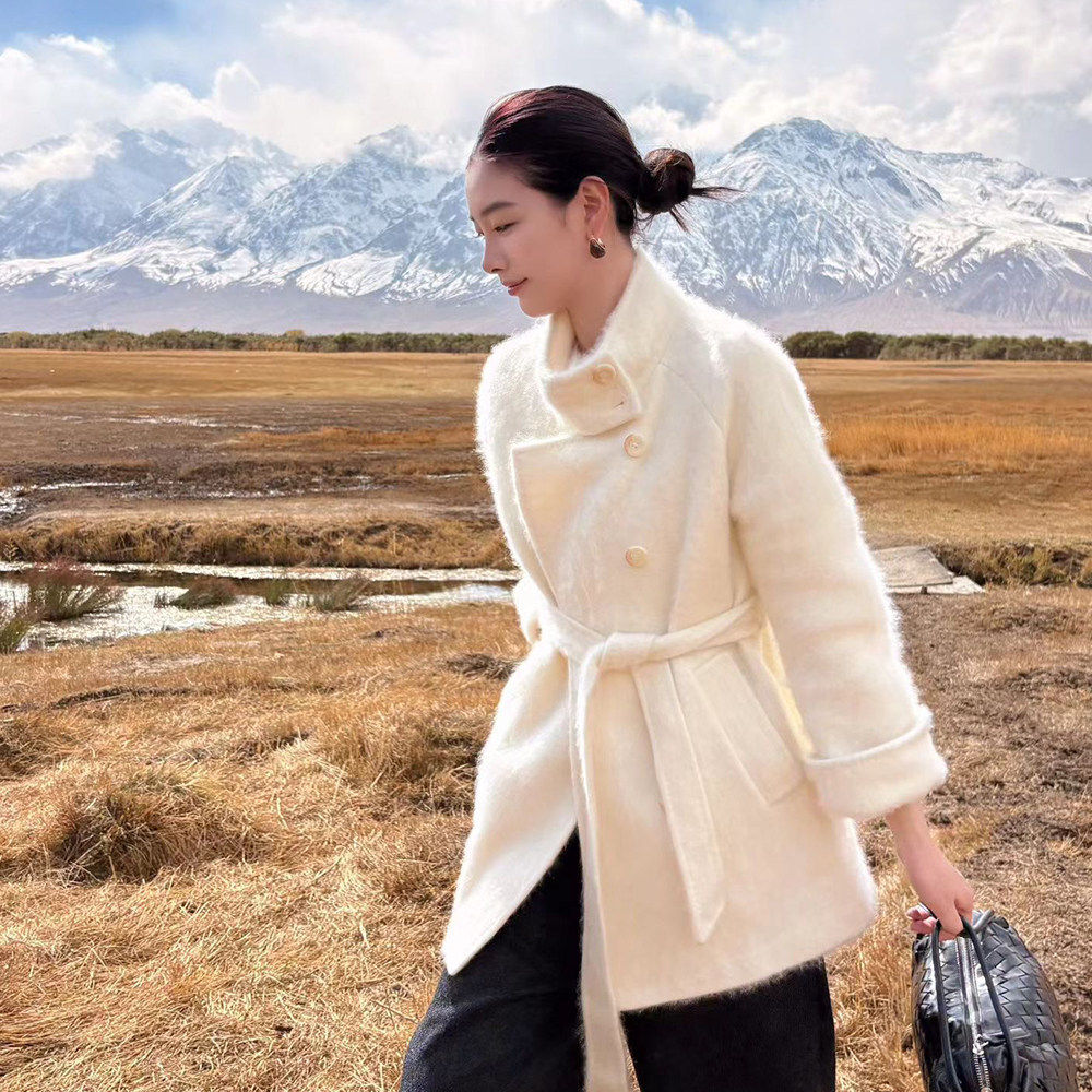 山羊绒拉绒大衣女高端绵羊毛立领拉毛皮草毛呢大衣冬女高级感厚