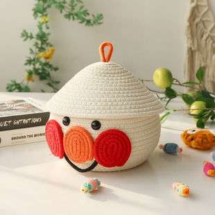 收纳筐棉绳编织带盖家用整理玩具零食盒桌面杂物盒面包超人收纳桶