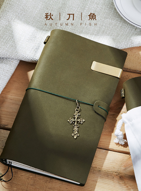 秋刀鱼橄榄绿手帐本军绿色tn手账本活页牛皮本子复古旅行笔记本